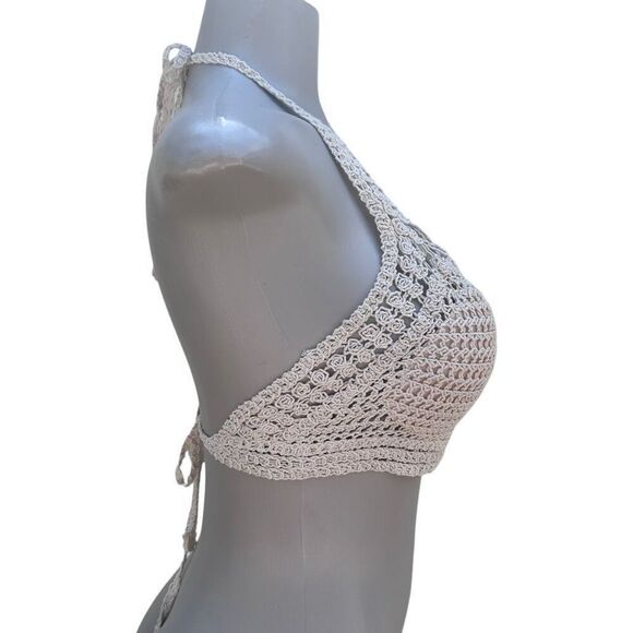 Rebellion Again Crop Top Women's Medium Ecru Crochet Macrame Halter Tie Boho - Picture 4 of 15